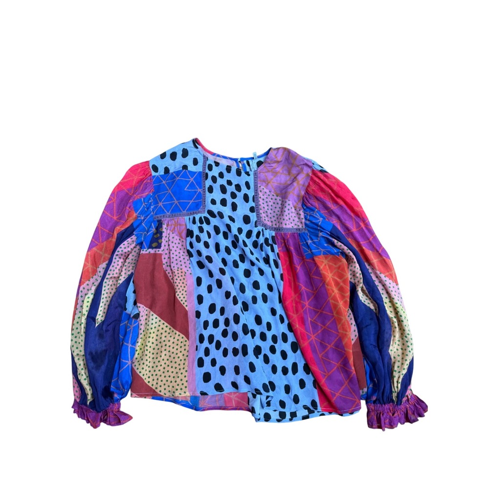 Blank London Patchwork Mixed Print Viscose Boho Balloon Sleeve‎ Blouse Medium